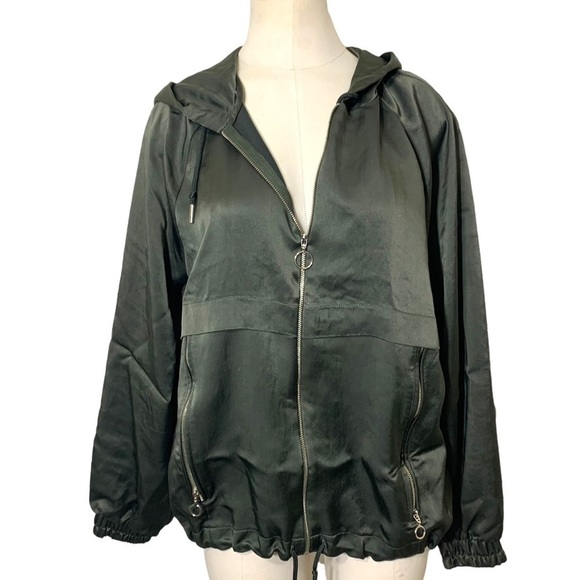 Zara Satin Bomber Jacket Green Hooded Zip Up Green Sz M Relaxed Fit Y2K - Picture 1 of 15